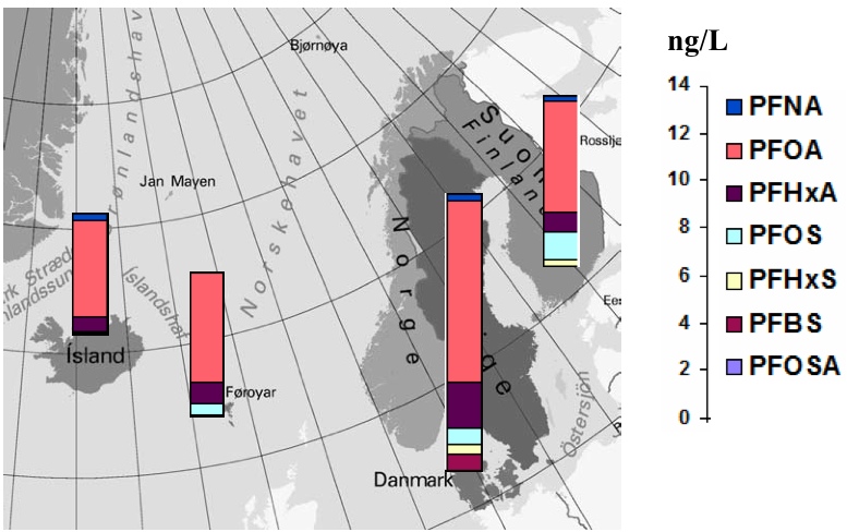 Figure 18: Spatial distribution of PFAS residues (ng/L median concentrations) in  seawater from Nordic countries.  