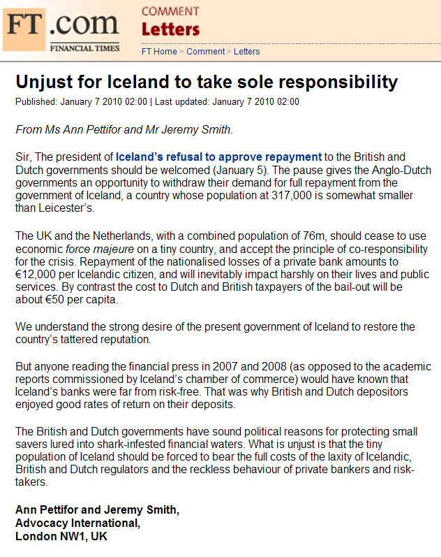 Unjust for Iceland to take sole responsibility - Ann Pettifor - Financial Times 7. janúar 2010