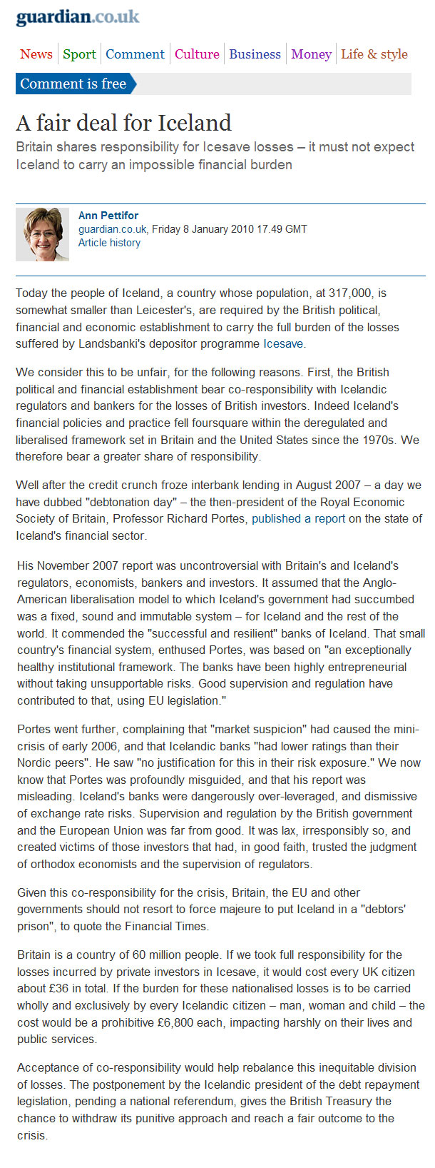 A fair deal for Iceland - Ann Pettifor - Guardian 8. janúar 2010